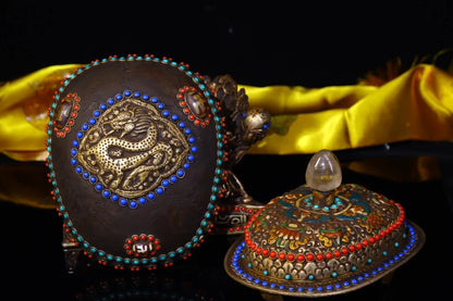 9"Tibetan Temple Collection Old Gabala Tibetan silver Mosaic Gem gZi Beads Skull Dragon pattern Gabala Bowl Amulet Town House