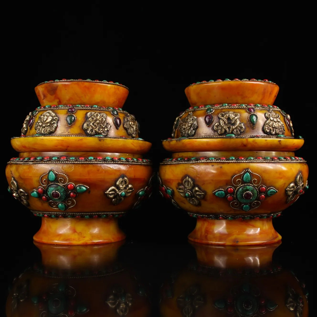 9"Tibetan Temple Collection Old Natural Beeswax mosaic turquoise eight treasures Duobao Can stupa Can A pair Office Ornaments