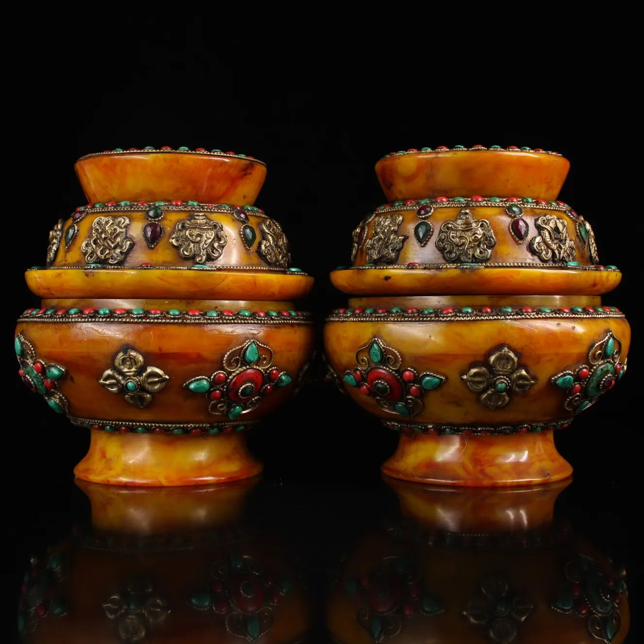 9"Tibetan Temple Collection Old Natural Beeswax mosaic turquoise eight treasures Duobao Can stupa Can A pair Office Ornaments
