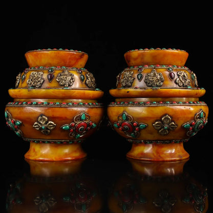 9"Tibetan Temple Collection Old Natural Beeswax mosaic turquoise eight treasures Duobao Can stupa Can A pair Office Ornaments