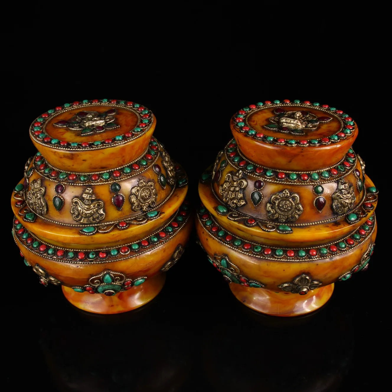 9"Tibetan Temple Collection Old Natural Beeswax mosaic turquoise eight treasures Duobao Can stupa Can A pair Office Ornaments