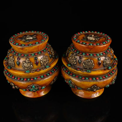 9"Tibetan Temple Collection Old Natural Beeswax mosaic turquoise eight treasures Duobao Can stupa Can A pair Office Ornaments