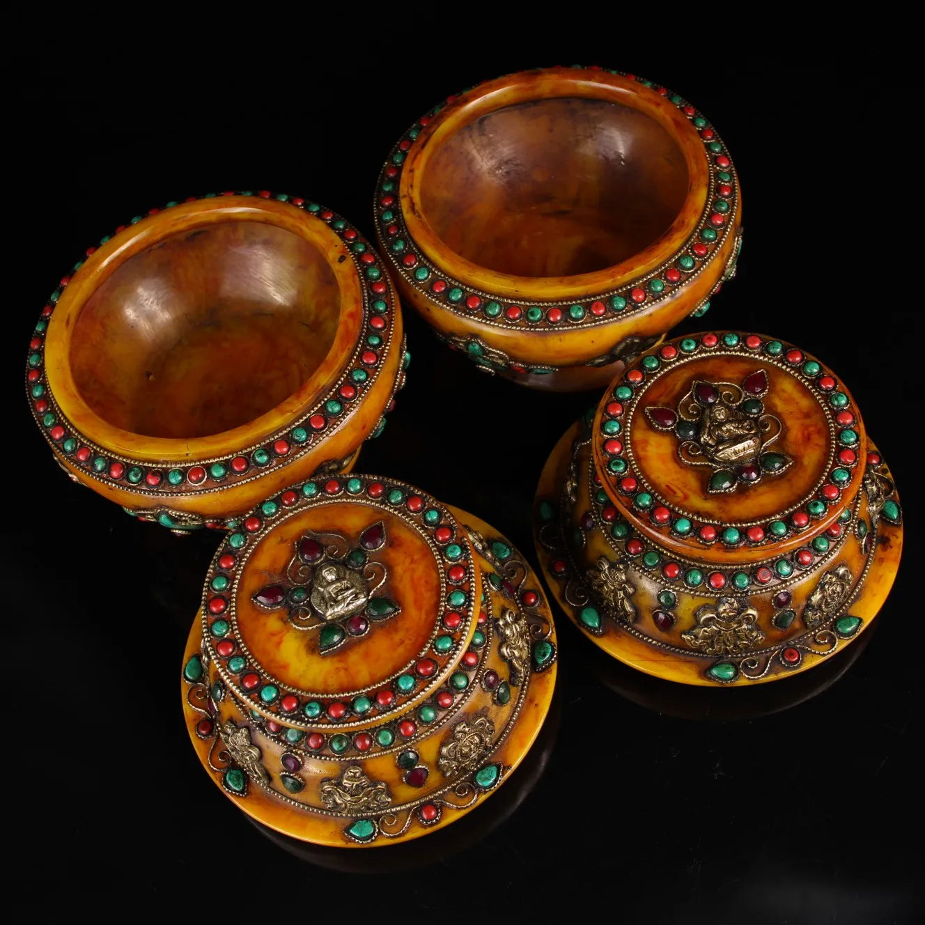 9"Tibetan Temple Collection Old Natural Beeswax mosaic turquoise eight treasures Duobao Can stupa Can A pair Office Ornaments