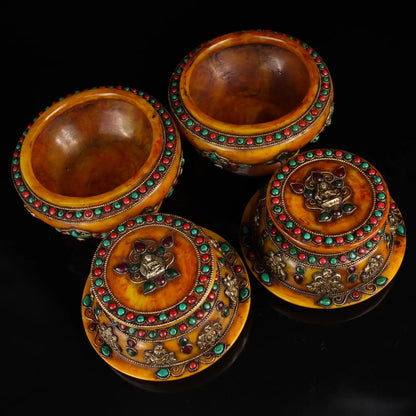 9"Tibetan Temple Collection Old Natural Beeswax mosaic turquoise eight treasures Duobao Can stupa Can A pair Office Ornaments