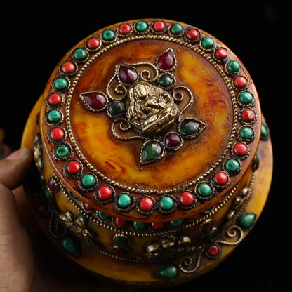9"Tibetan Temple Collection Old Natural Beeswax mosaic turquoise eight treasures Duobao Can stupa Can A pair Office Ornaments