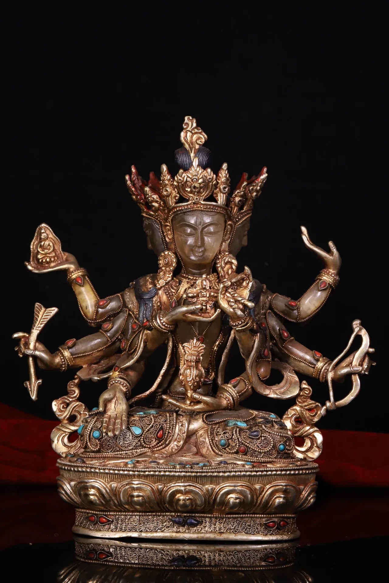9"Tibetan Temple Collection Old Natural Crystal Mosaic Gem Namgyalma Three Heads and six arms Worship Hall  buddha