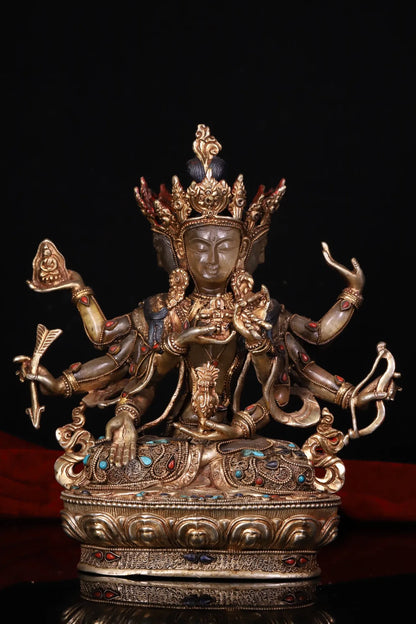 9"Tibetan Temple Collection Old Natural Crystal Mosaic Gem Namgyalma Three Heads and six arms Worship Hall  buddha