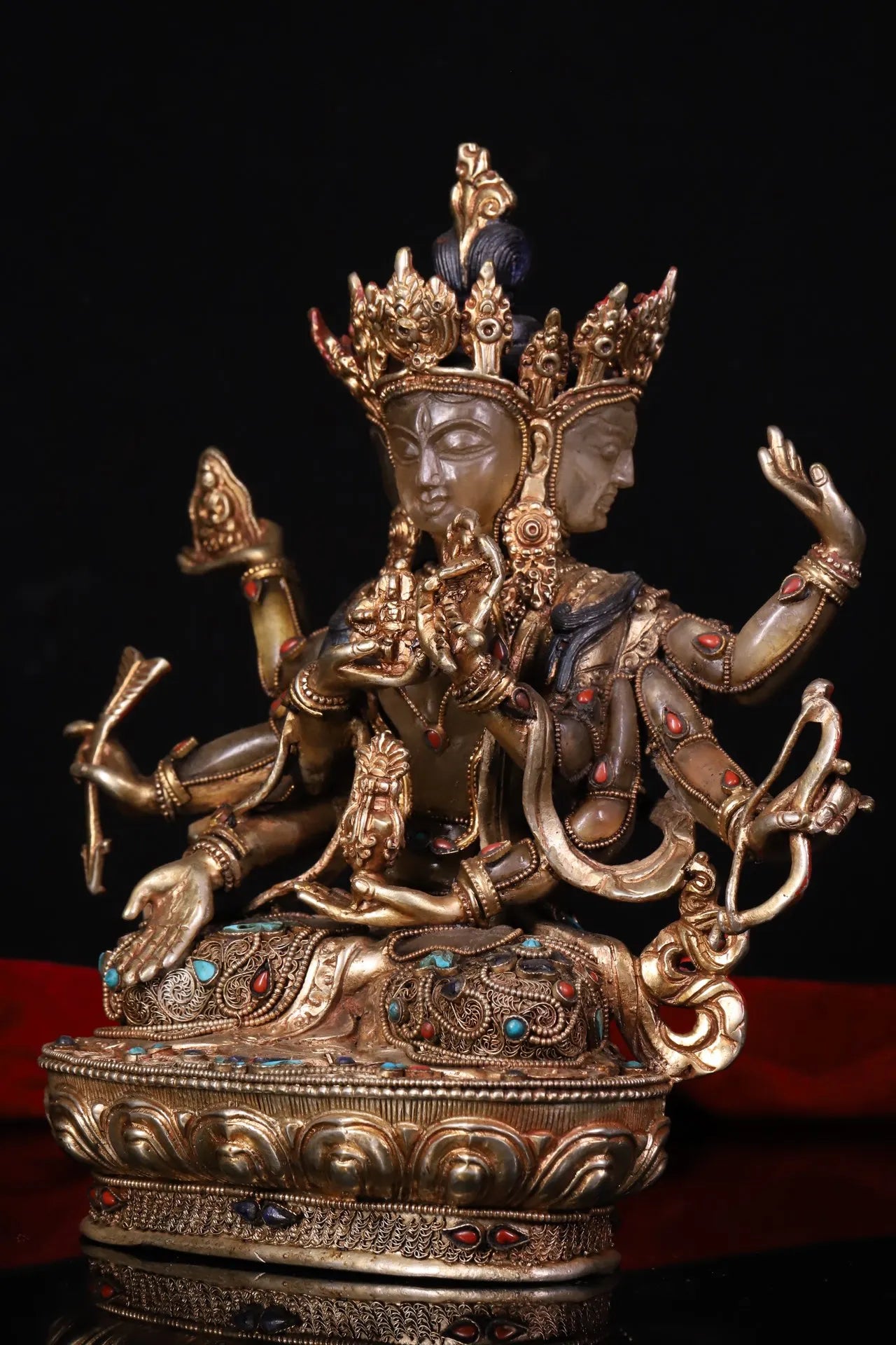 9"Tibetan Temple Collection Old Natural Crystal Mosaic Gem Namgyalma Three Heads and six arms Worship Hall  buddha