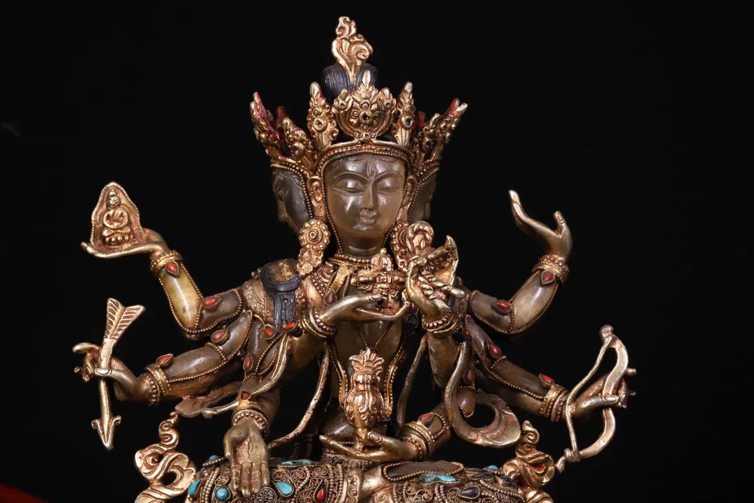 9"Tibetan Temple Collection Old Natural Crystal Mosaic Gem Namgyalma Three Heads and six arms Worship Hall  buddha