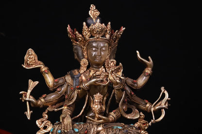 9"Tibetan Temple Collection Old Natural Crystal Mosaic Gem Namgyalma Three Heads and six arms Worship Hall  buddha