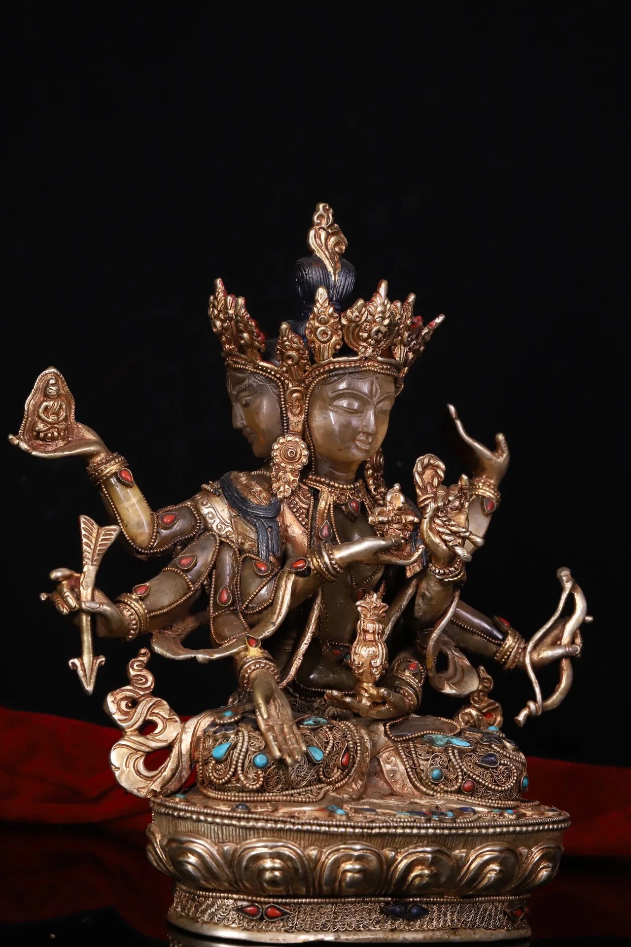 9"Tibetan Temple Collection Old Natural Crystal Mosaic Gem Namgyalma Three Heads and six arms Worship Hall  buddha
