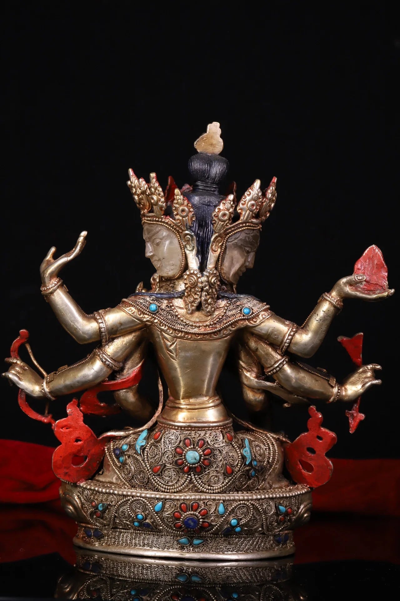 9"Tibetan Temple Collection Old Natural Crystal Mosaic Gem Namgyalma Three Heads and six arms Worship Hall  buddha