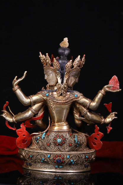 9"Tibetan Temple Collection Old Natural Crystal Mosaic Gem Namgyalma Three Heads and six arms Worship Hall  buddha