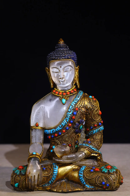 9"Tibetan Temple Collection Old Natural Crystal Mosaic Gem Tibetan silver Gilding Da Ri Tathagata Buddha Amitabha Worship Hall
