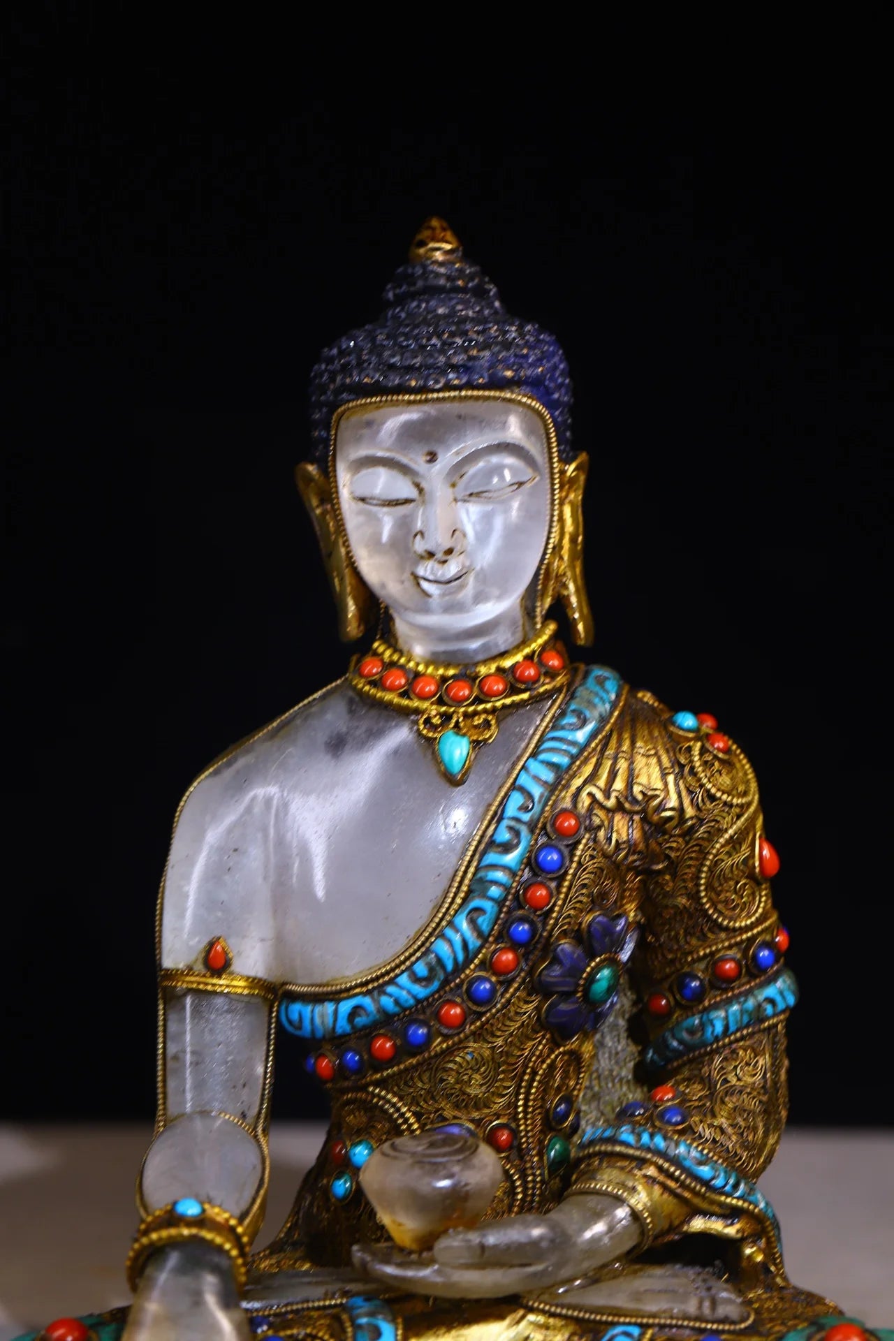 9"Tibetan Temple Collection Old Natural Crystal Mosaic Gem Tibetan silver Gilding Da Ri Tathagata Buddha Amitabha Worship Hall
