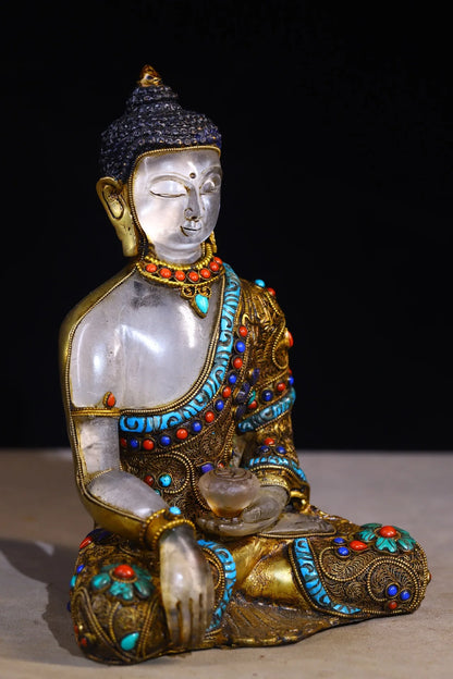 9"Tibetan Temple Collection Old Natural Crystal Mosaic Gem Tibetan silver Gilding Da Ri Tathagata Buddha Amitabha Worship Hall