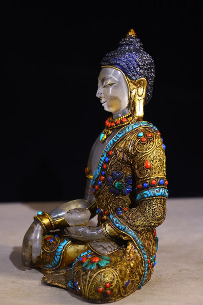9"Tibetan Temple Collection Old Natural Crystal Mosaic Gem Tibetan silver Gilding Da Ri Tathagata Buddha Amitabha Worship Hall
