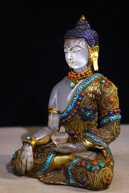 9"Tibetan Temple Collection Old Natural Crystal Mosaic Gem Tibetan silver Gilding Da Ri Tathagata Buddha Amitabha Worship Hall