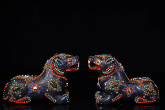 9"Tibetan Temple Collection Old Natural Meteorite Filigree Mosaic Gem gZi Bead Mythical Beast statue A Pair Town house Exorcism
