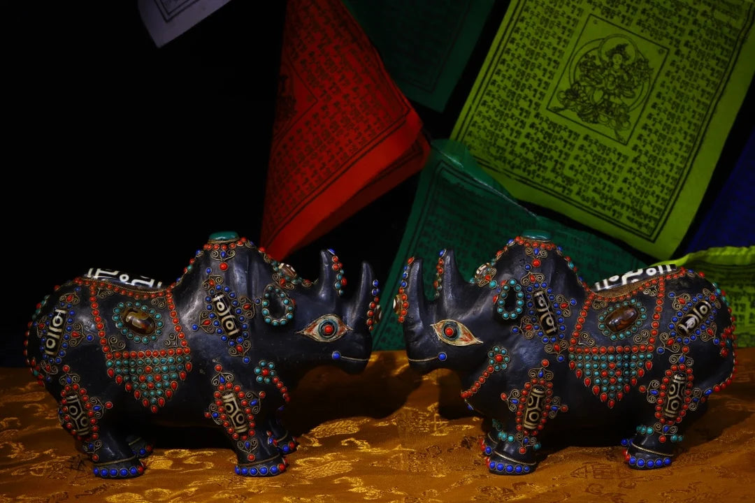 9"Tibetan Temple Collection Old Natural Meteorite Mosaic Gem Dzi Beads Rhino statue a pair unicorn Gather fortune Town house