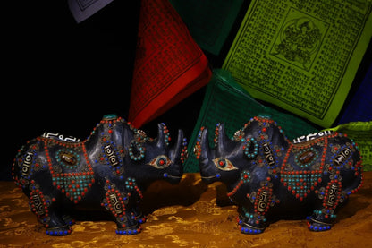 9"Tibetan Temple Collection Old Natural Meteorite Mosaic Gem Dzi Beads Rhino statue a pair unicorn Gather fortune Town house