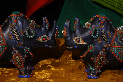 9"Tibetan Temple Collection Old Natural Meteorite Mosaic Gem Dzi Beads Rhino statue a pair unicorn Gather fortune Town house