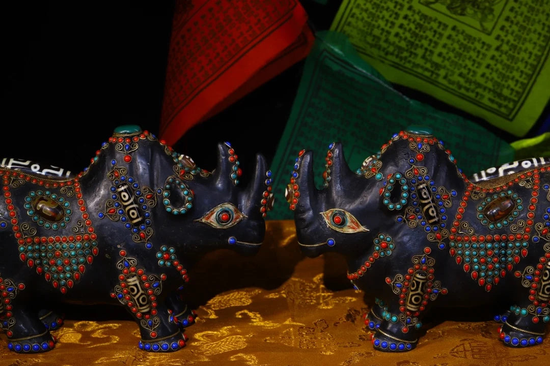 9"Tibetan Temple Collection Old Natural Meteorite Mosaic Gem Dzi Beads Rhino statue a pair unicorn Gather fortune Town house
