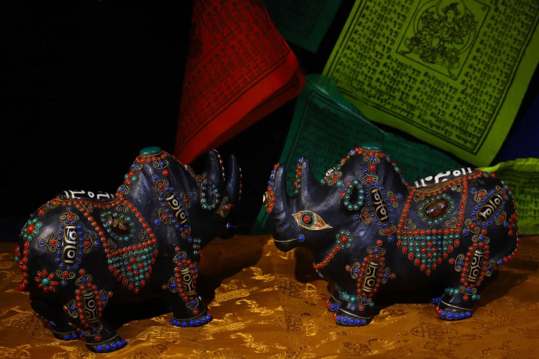 9"Tibetan Temple Collection Old Natural Meteorite Mosaic Gem Dzi Beads Rhino statue a pair unicorn Gather fortune Town house