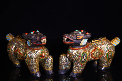 9”Tibetan Temple Collection Old Natural Meteorites Painted Mosaic Gem gZi Beads Shell Chinese Loong Statue Unicorn A pair Amulet