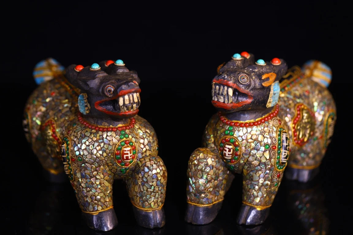 9”Tibetan Temple Collection Old Natural Meteorites Painted Mosaic Gem gZi Beads Shell Chinese Loong Statue Unicorn A pair Amulet
