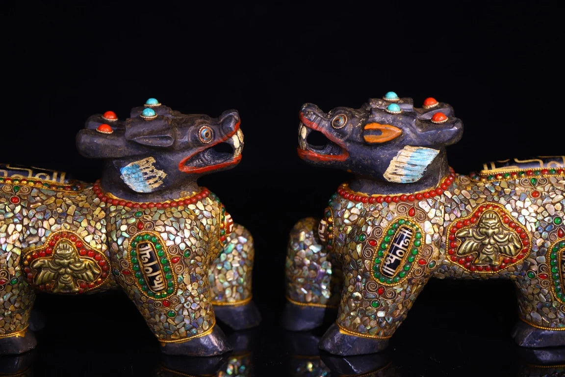 9”Tibetan Temple Collection Old Natural Meteorites Painted Mosaic Gem gZi Beads Shell Chinese Loong Statue Unicorn A pair Amulet