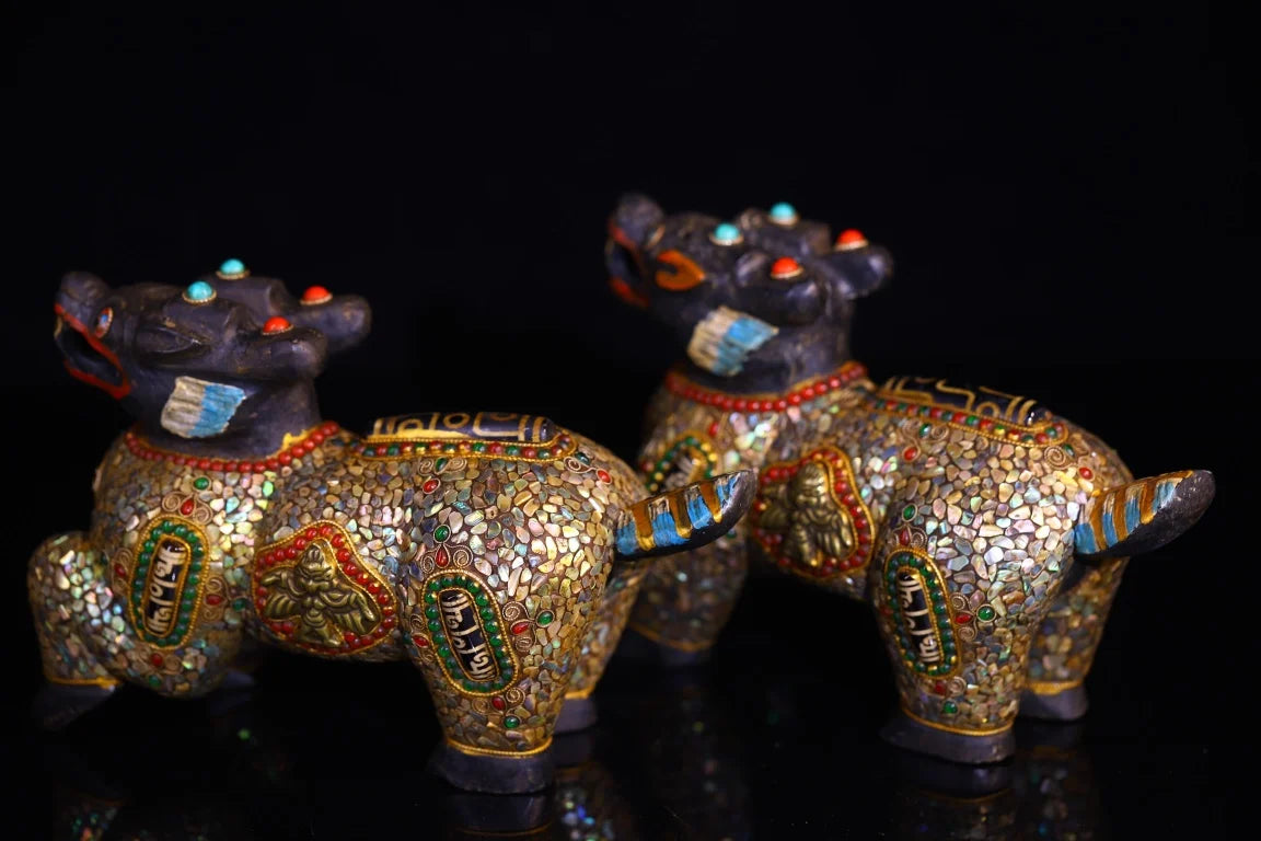 9”Tibetan Temple Collection Old Natural Meteorites Painted Mosaic Gem gZi Beads Shell Chinese Loong Statue Unicorn A pair Amulet