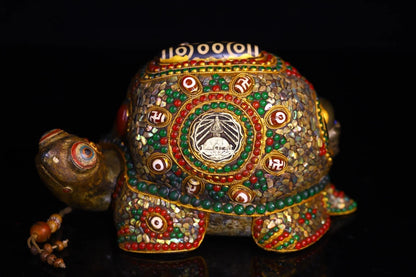 9"Tibetan Temple Collection Old Natural Meteorites Painted Mosaic Gem gZi Beads Shell Pagoda Blessing Turtle Worship Hall