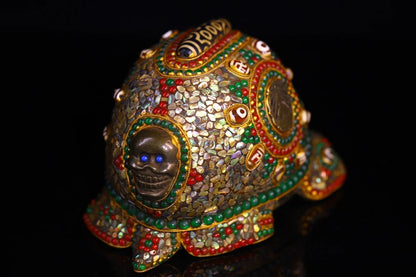 9"Tibetan Temple Collection Old Natural Meteorites Painted Mosaic Gem gZi Beads Shell Pagoda Blessing Turtle Worship Hall