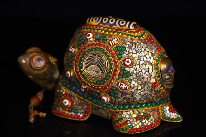 9"Tibetan Temple Collection Old Natural Meteorites Painted Mosaic Gem gZi Beads Shell Pagoda Blessing Turtle Worship Hall