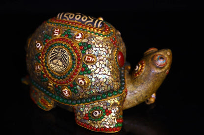 9"Tibetan Temple Collection Old Natural Meteorites Painted Mosaic Gem gZi Beads Shell Pagoda Blessing Turtle Worship Hall