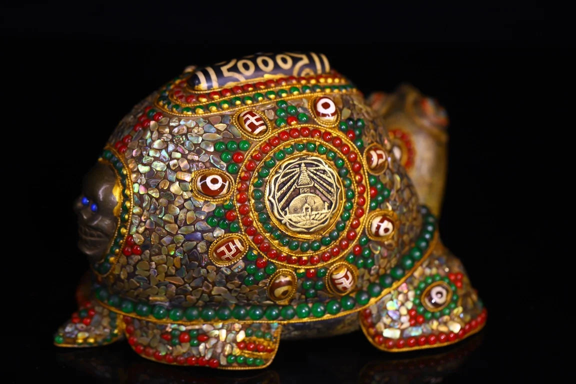9"Tibetan Temple Collection Old Natural Meteorites Painted Mosaic Gem gZi Beads Shell Pagoda Blessing Turtle Worship Hall