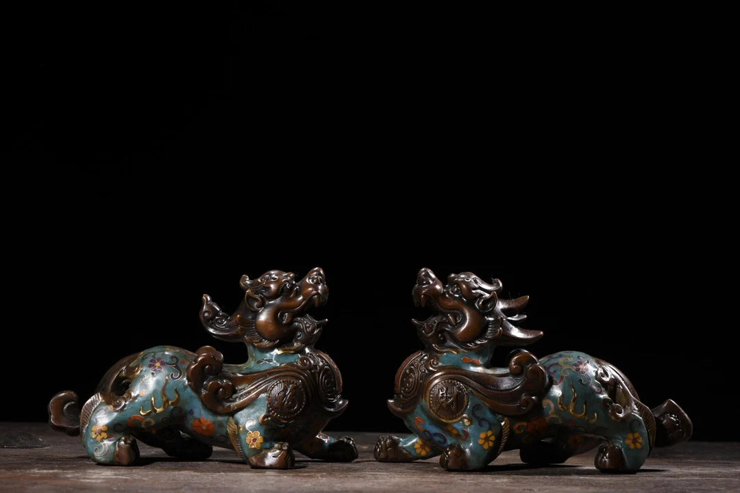9"Tibetan Temple Collection Old Purple Bronze Cloisonne Brave Troops statue Unicorn a pair Gather fortune Town house Exorcism