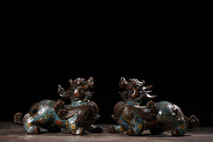 9"Tibetan Temple Collection Old Purple Bronze Cloisonne Brave Troops statue Unicorn a pair Gather fortune Town house Exorcism