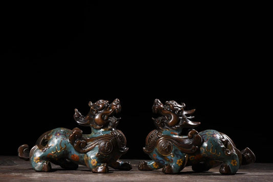 9"Tibetan Temple Collection Old Purple Bronze Cloisonne Brave Troops statue Unicorn a pair Gather fortune Town house Exorcism
