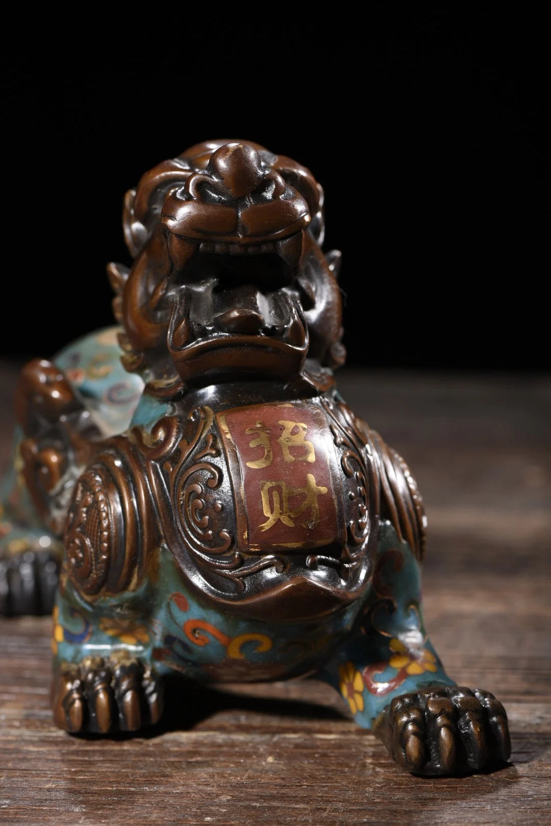 9"Tibetan Temple Collection Old Purple Bronze Cloisonne Brave Troops statue Unicorn a pair Gather fortune Town house Exorcism