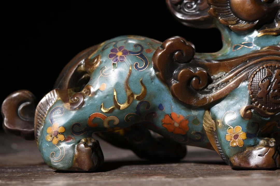 9"Tibetan Temple Collection Old Purple Bronze Cloisonne Brave Troops statue Unicorn a pair Gather fortune Town house Exorcism
