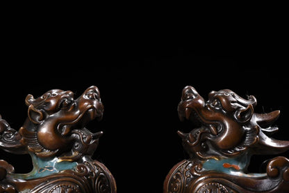 9"Tibetan Temple Collection Old Purple Bronze Cloisonne Brave Troops statue Unicorn a pair Gather fortune Town house Exorcism