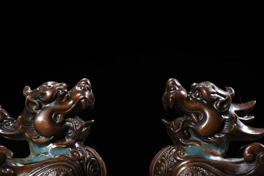 9"Tibetan Temple Collection Old Purple Bronze Cloisonne Brave Troops statue Unicorn a pair Gather fortune Town house Exorcism
