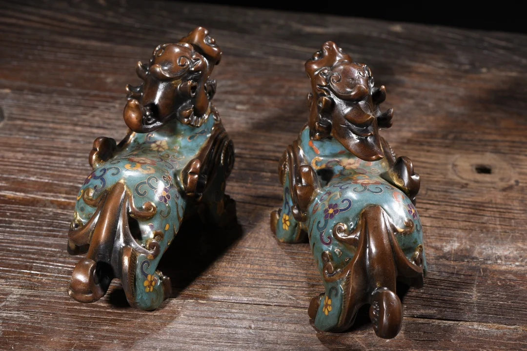 9"Tibetan Temple Collection Old Purple Bronze Cloisonne Brave Troops statue Unicorn a pair Gather fortune Town house Exorcism