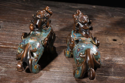 9"Tibetan Temple Collection Old Purple Bronze Cloisonne Brave Troops statue Unicorn a pair Gather fortune Town house Exorcism