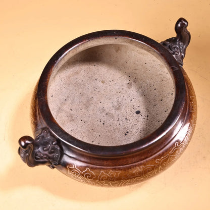 9"Tibetan Temple Collection Old Purple Bronze Gilded Silver Filigree Elephant Trunk Ear Ear Incense Burner Town house Exorcism
