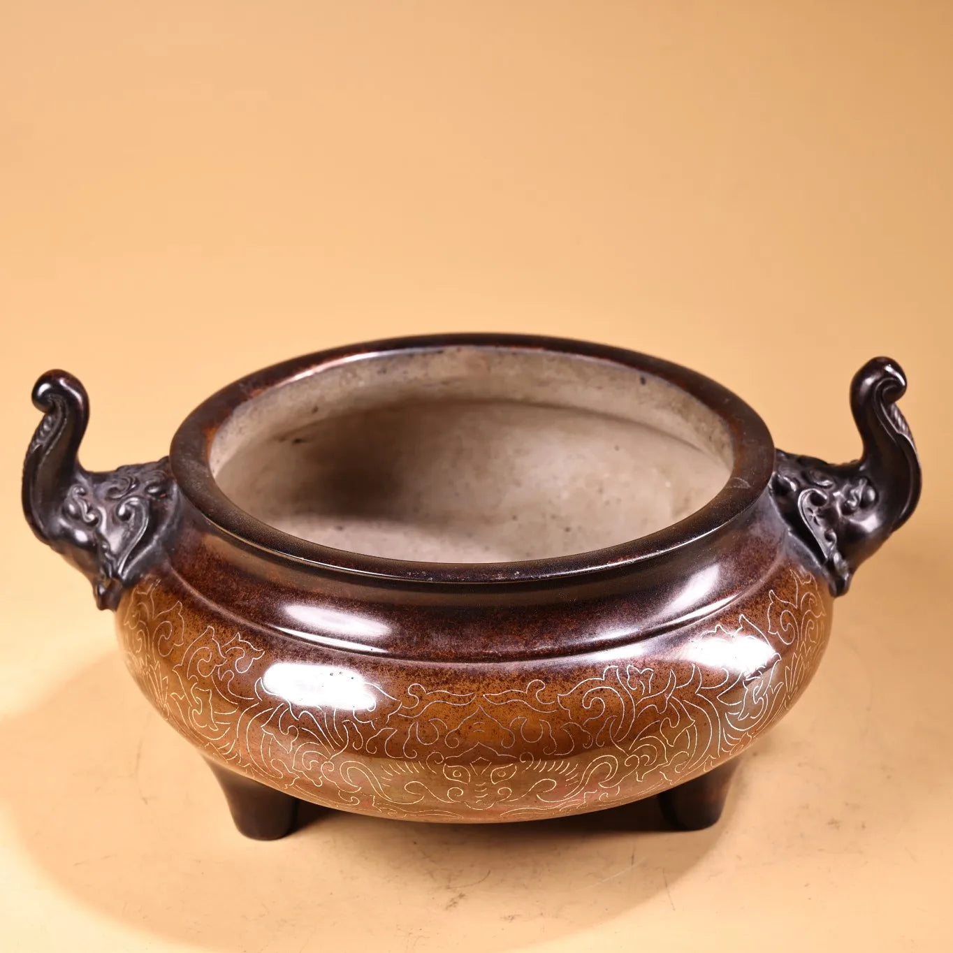 9"Tibetan Temple Collection Old Purple Bronze Gilded Silver Filigree Elephant Trunk Ear Ear Incense Burner Town house Exorcism