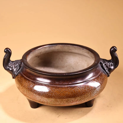 9"Tibetan Temple Collection Old Purple Bronze Gilded Silver Filigree Elephant Trunk Ear Ear Incense Burner Town house Exorcism