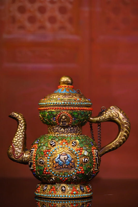 9"Tibetan Temple Collection Old Purple Bronze Painted Mosaic Gem gZi Beads Buddha Conch Eight Treasure Pot Teapot Flagon Pot